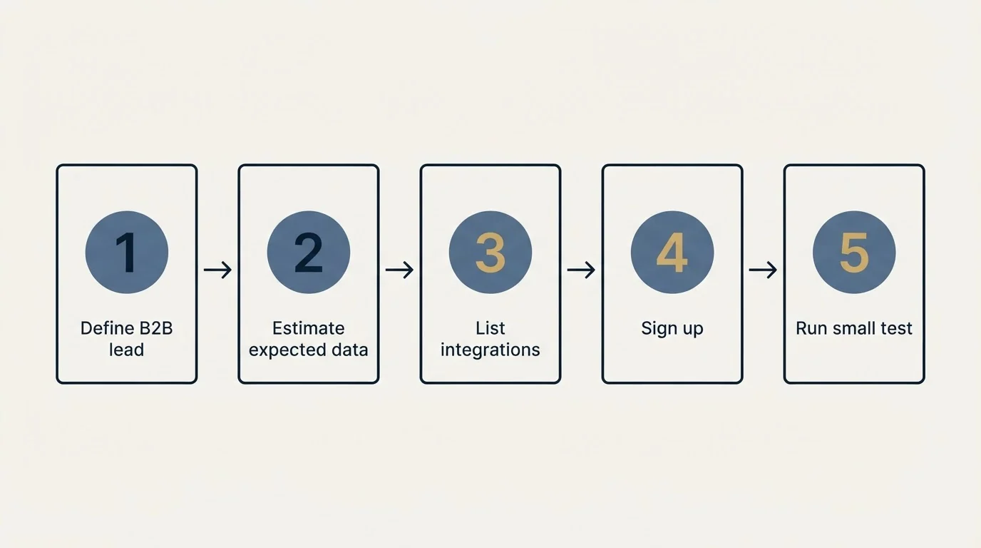 Step sequence: Getting Started Checklist (Define B2B lead, Estimate expected data, List integrations, Sign up)