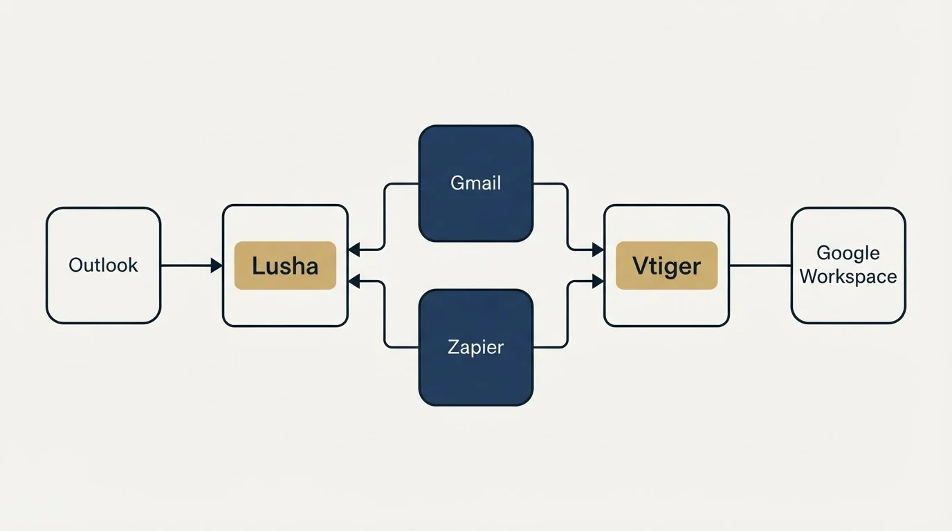 Integration schematic: Integration Ecosystem (Lusha, Vtiger, Gmail, Zapier)