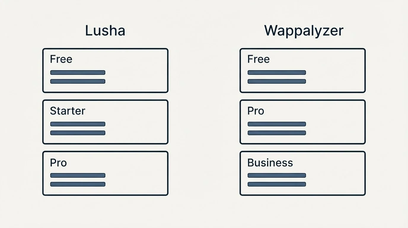 Pricing panels: Pricing Comparison (Lusha, Wappalyzer, Free, Starter)