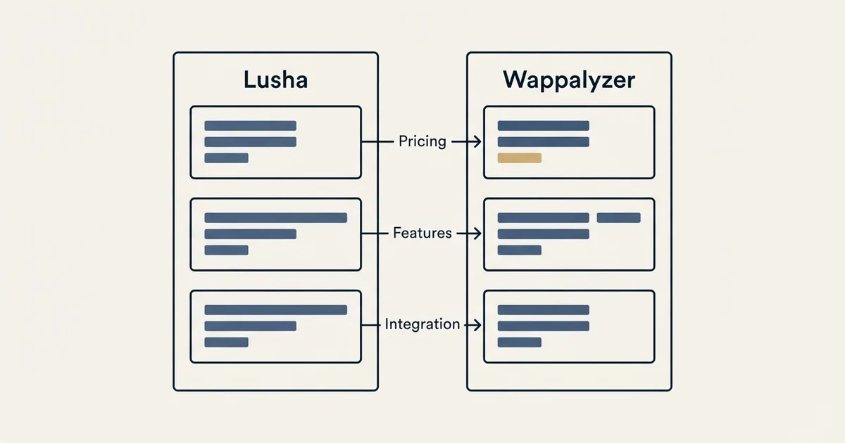 Comparison panel: Lusha vs Wappalyzer (Pricing, Features, Integration)