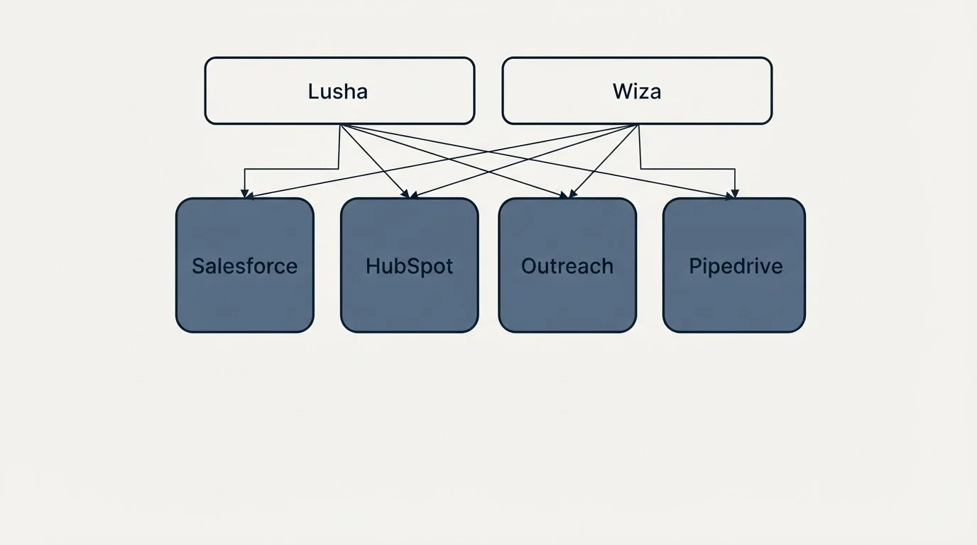 Integration grid: Integration Ecosystem (Lusha, Wiza, Salesforce, HubSpot)