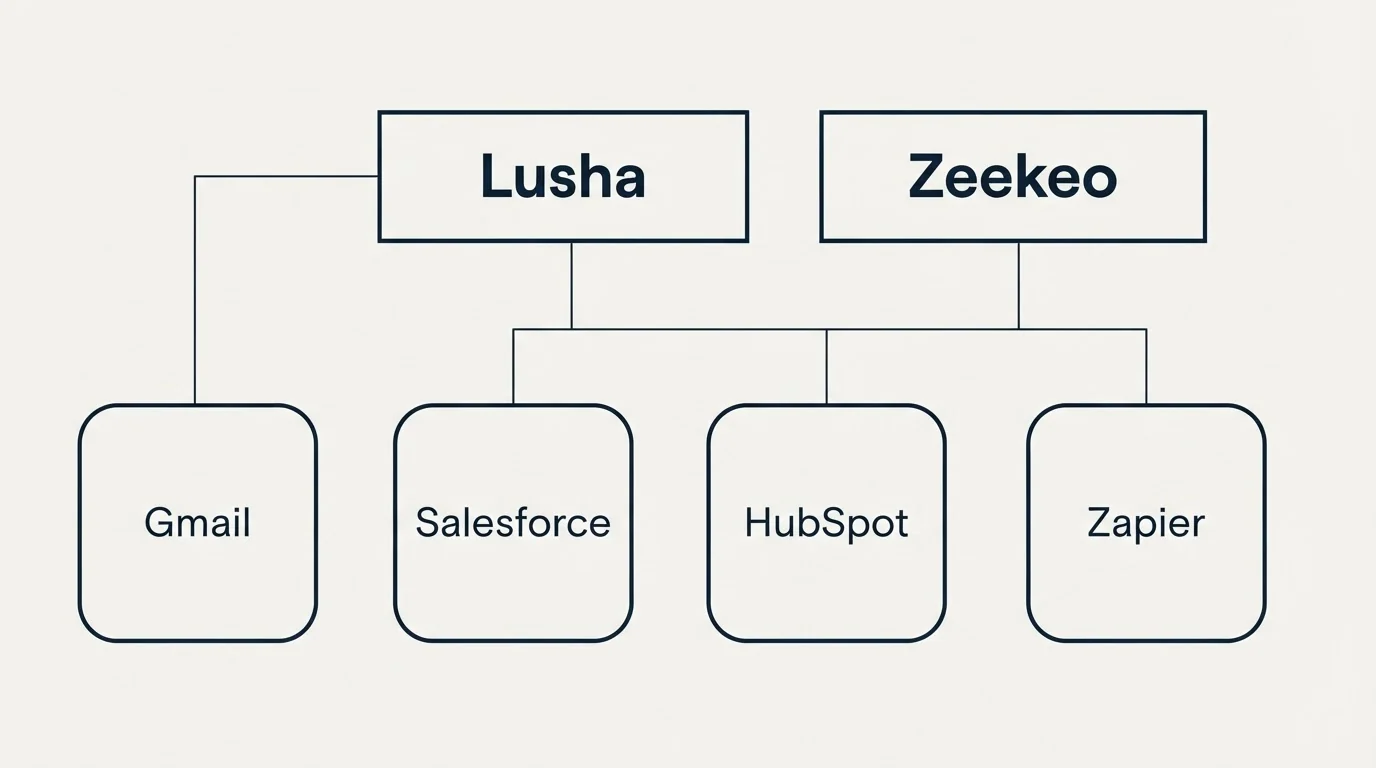 Integration grid: Integration Ecosystem (Lusha, Zeekeo, Salesforce, HubSpot)