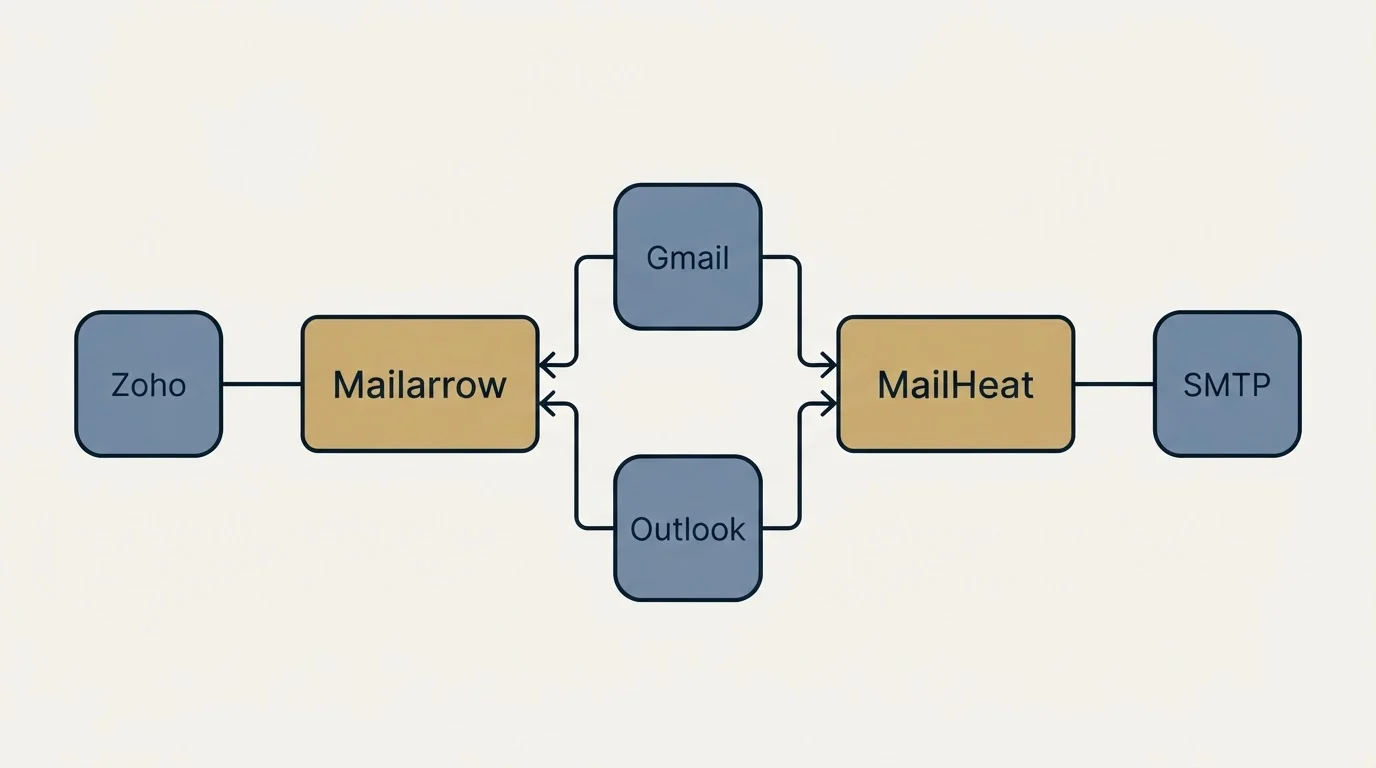 Integration schematic: Integration Ecosystem (Mailarrow, MailHeat, Gmail, Outlook)