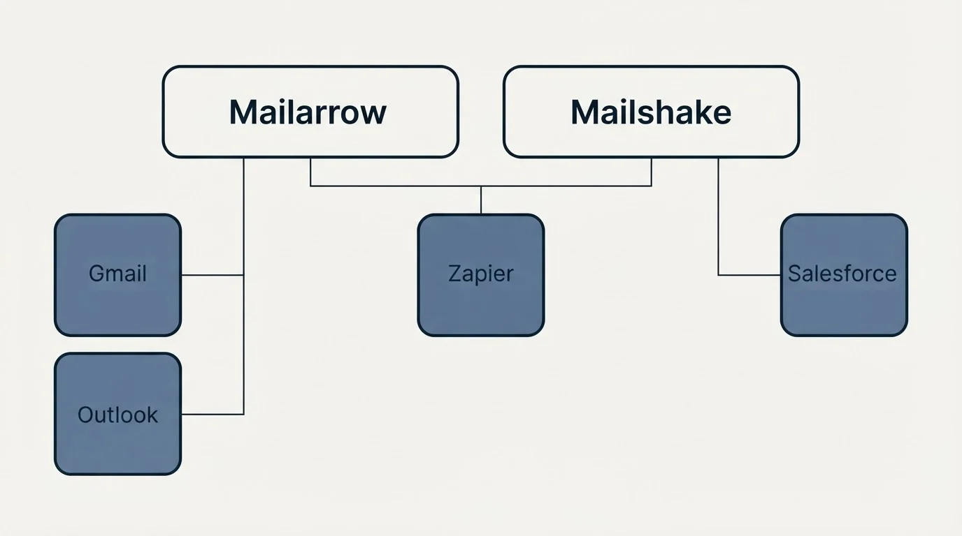 Integration grid: Integration Ecosystem (Mailarrow, Mailshake, Zapier, Gmail)
