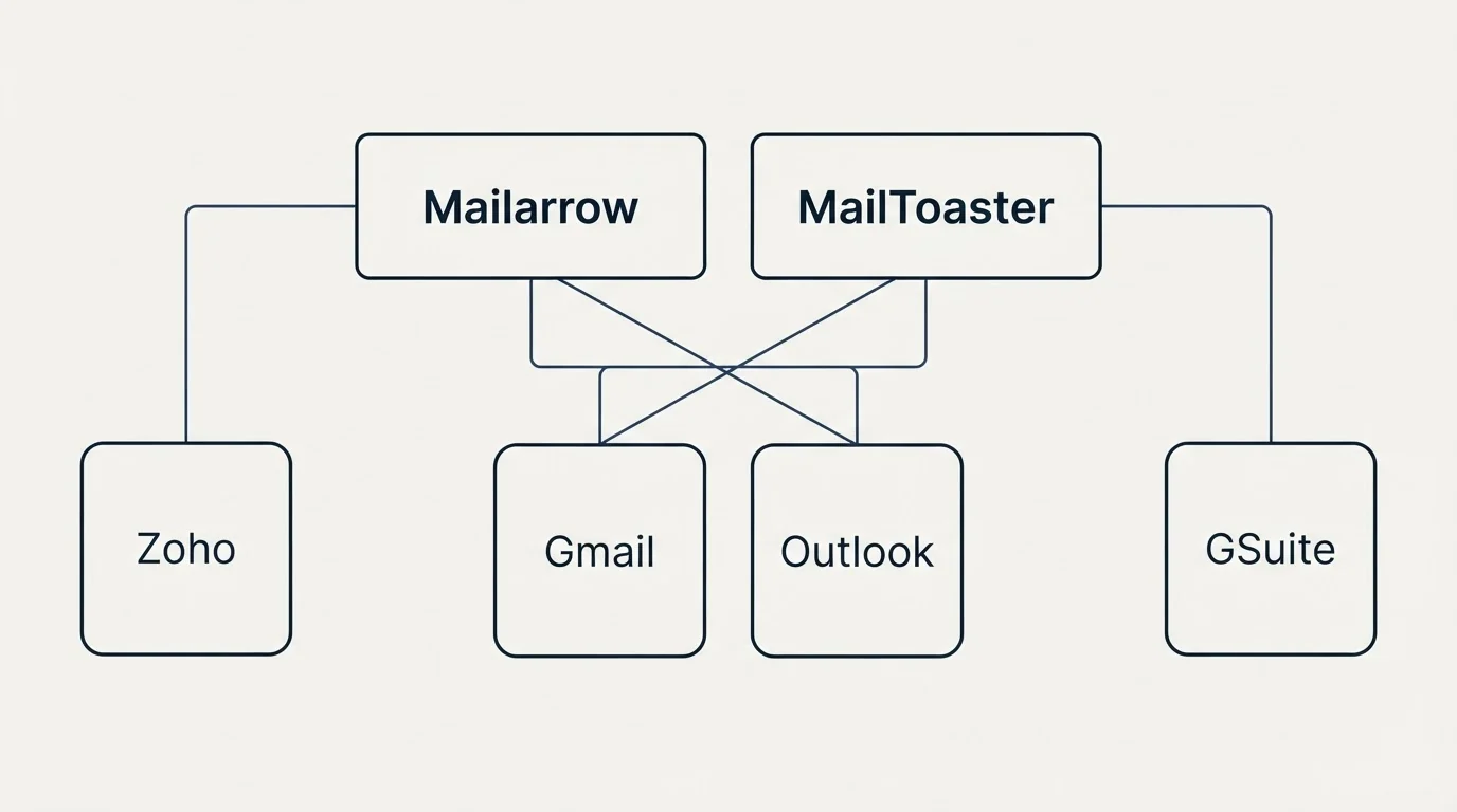 Integration grid: Integration Ecosystem (Mailarrow, MailToaster, Gmail, Outlook)