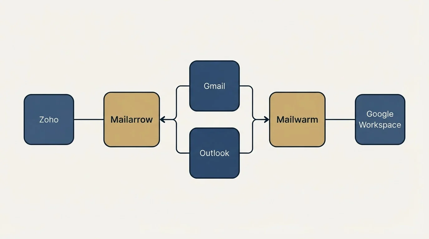 Integration schematic: Integration Ecosystem (Mailarrow, Mailwarm, Gmail, Outlook)