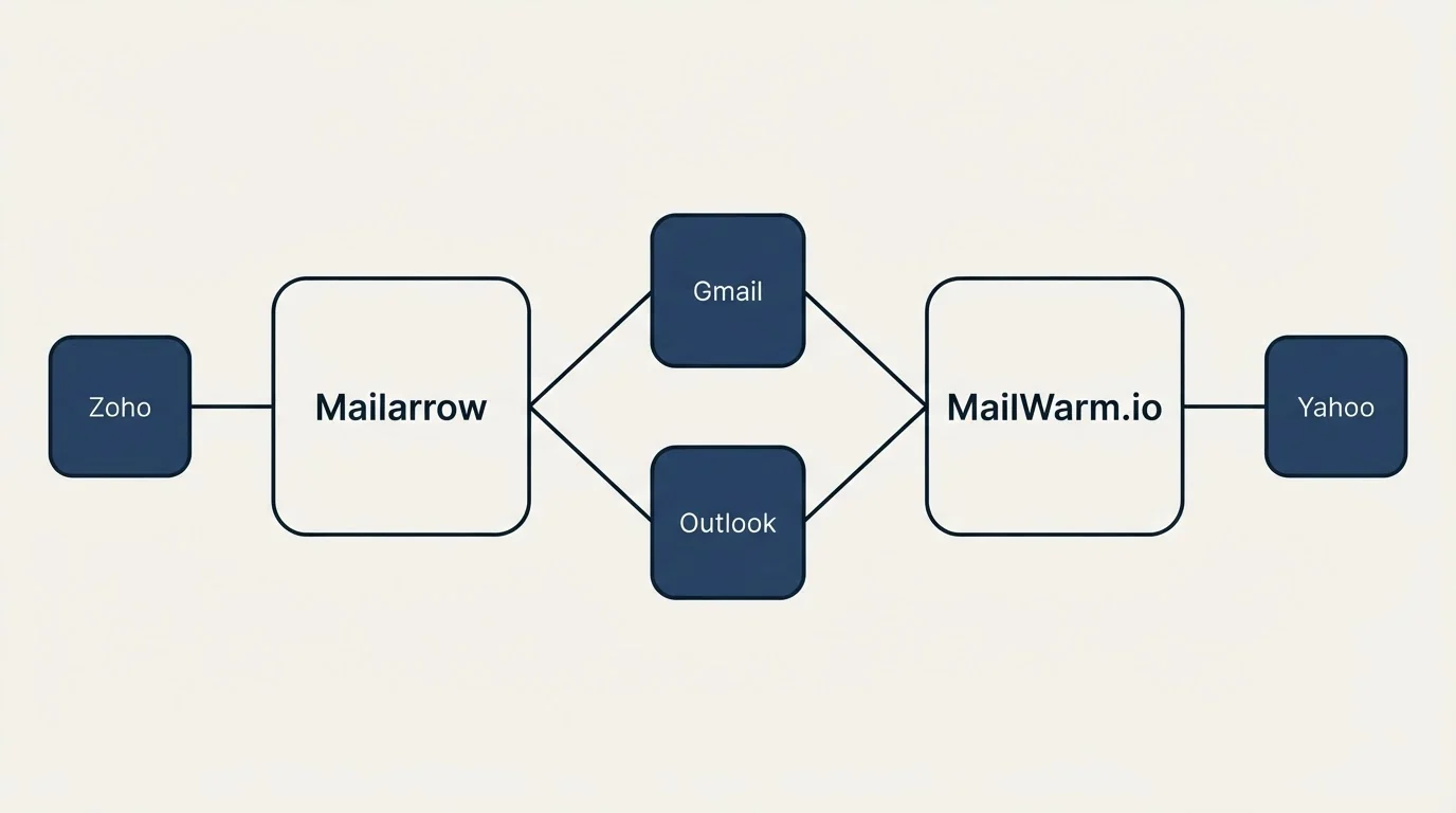 Integration schematic: Integration Ecosystem (Mailarrow, MailWarm.io, Gmail, Outlook)