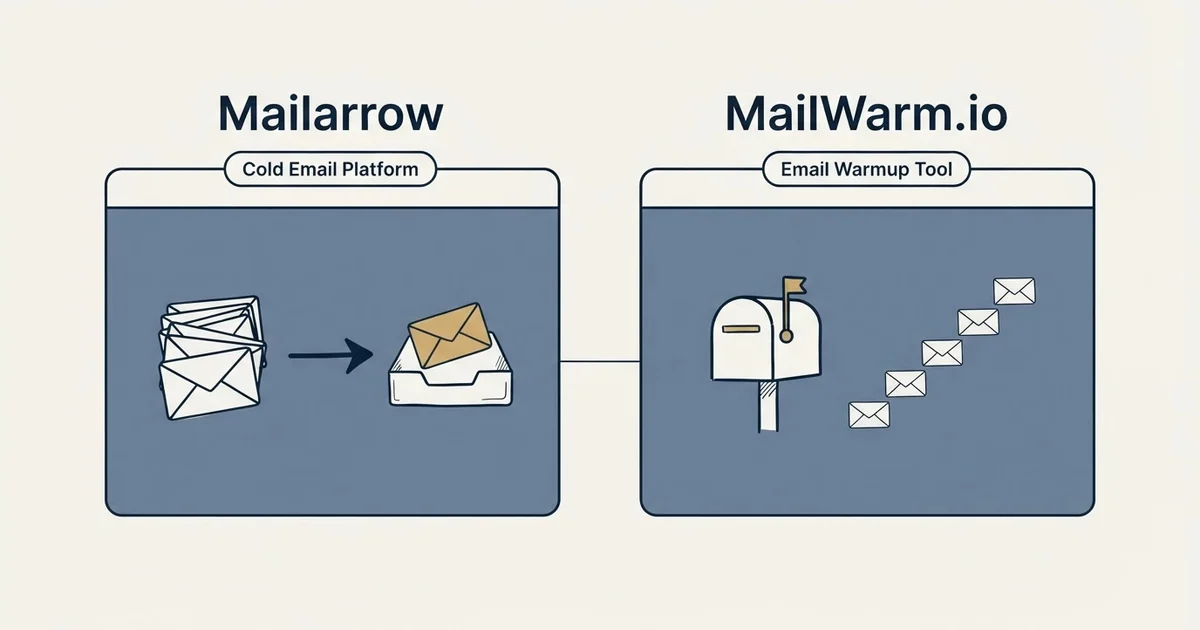 Side-by-side panels: Mailarrow vs MailWarm.io (Cold Email Platform, Email Warmup Tool)