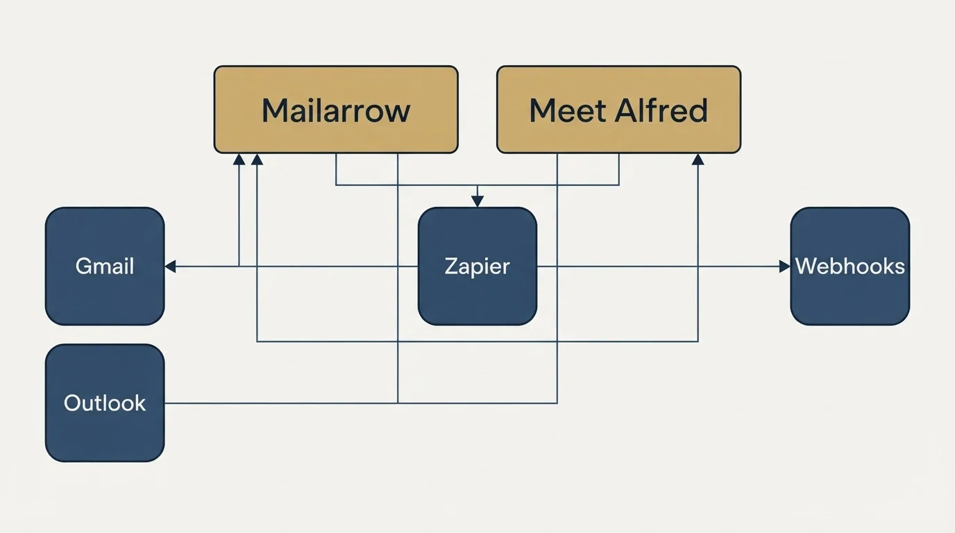 Integration grid: Integration Ecosystem (Mailarrow, Meet Alfred, Zapier, Gmail)