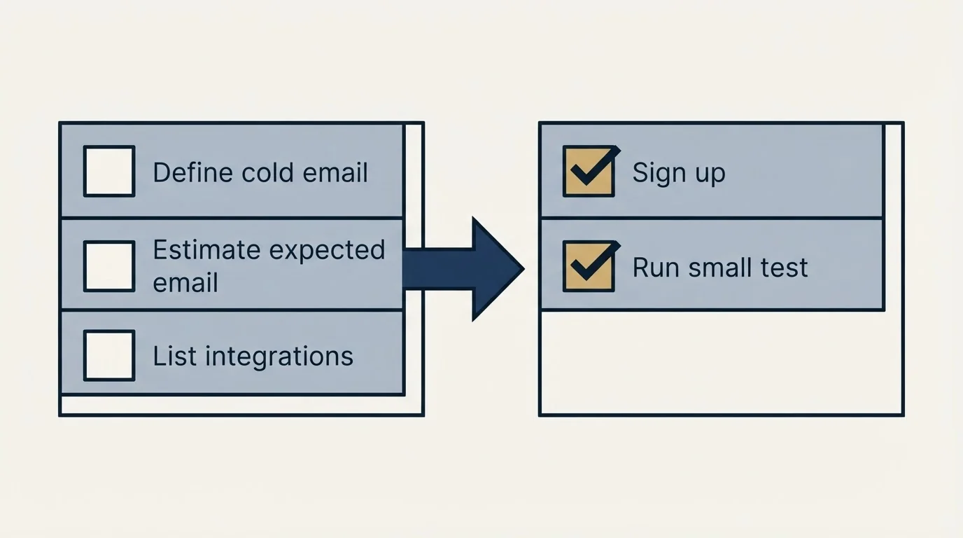 Before-and-after steps: Getting Started Checklist (Define cold email, Estimate expected email, List integrations, Sign up)