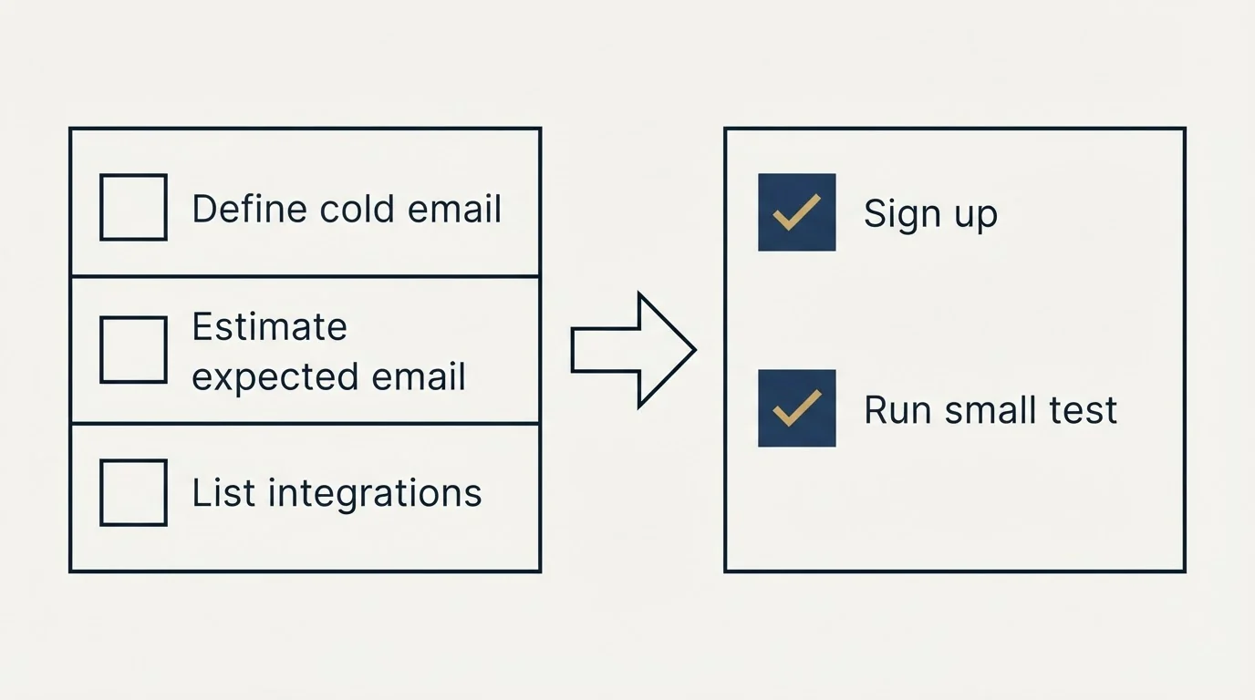 Before-and-after steps: Getting Started Checklist (Define cold email, Estimate expected email, List integrations, Sign up)