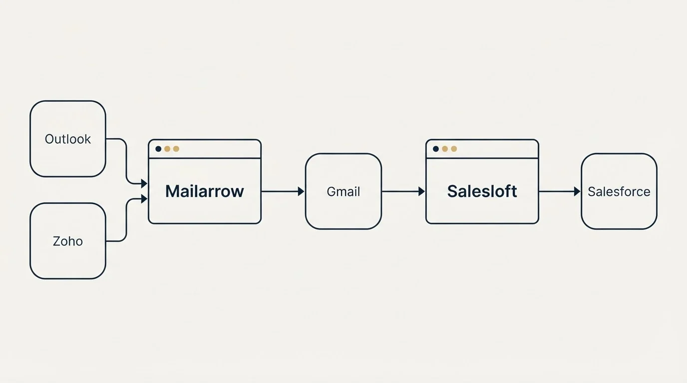 Integration schematic: Integration Ecosystem (Mailarrow, Salesloft, Gmail, Outlook)