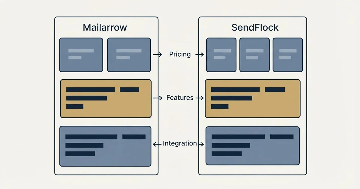 Comparison panel: Mailarrow vs SendFlock (Pricing, Features, Integration)