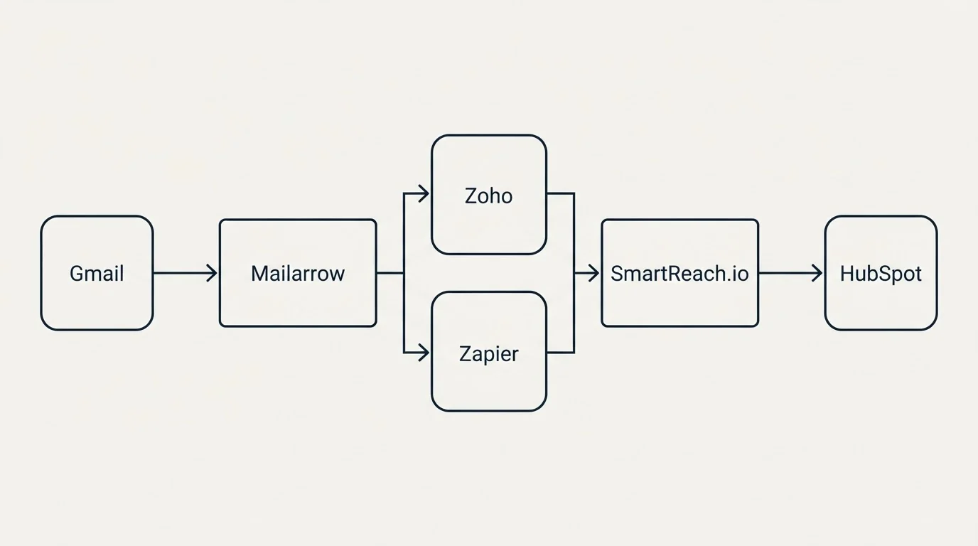 Integration flow: Integration Ecosystem (Mailarrow, SmartReach.io, Zoho, Zapier)
