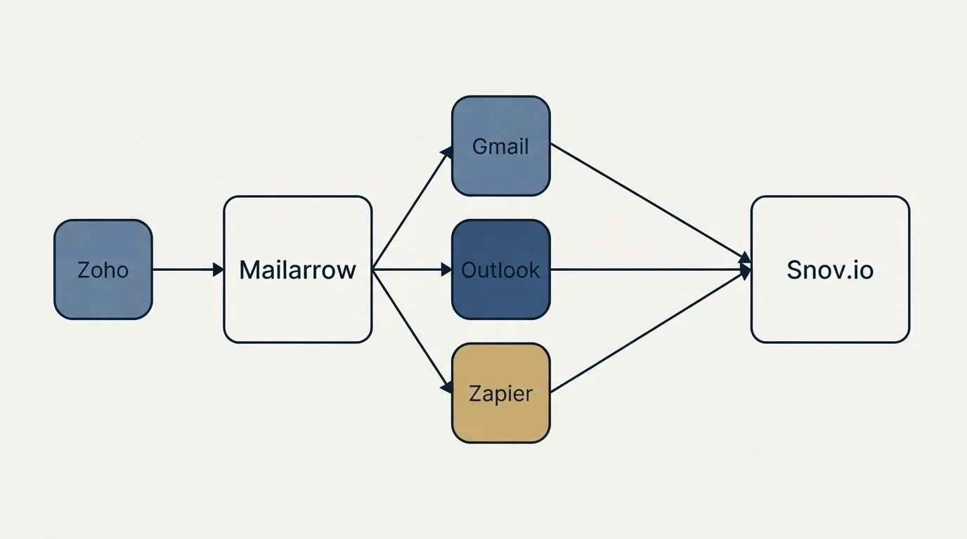 Integration schematic: Integration Ecosystem (Mailarrow, Snov.io, Gmail, Outlook)