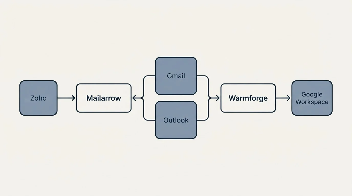 Integration schematic: Integration Ecosystem (Mailarrow, Warmforge, Gmail, Outlook)
