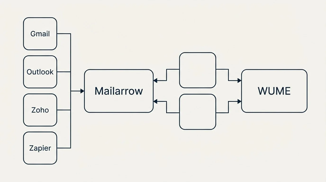 Integration flow: Integration Ecosystem (Mailarrow, WUME, Gmail, Outlook)