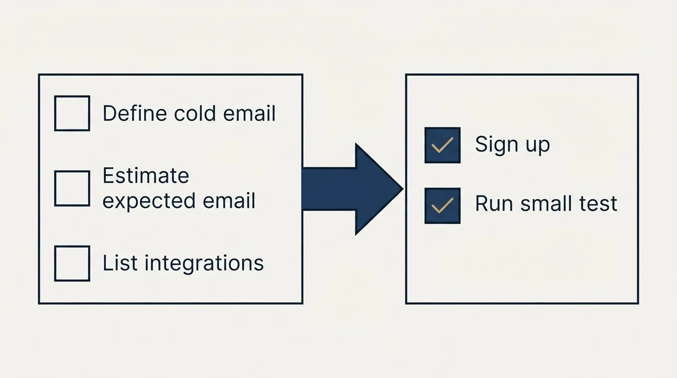 Before-and-after steps: Getting Started Checklist (Define cold email, Estimate expected email, List integrations, Sign up)