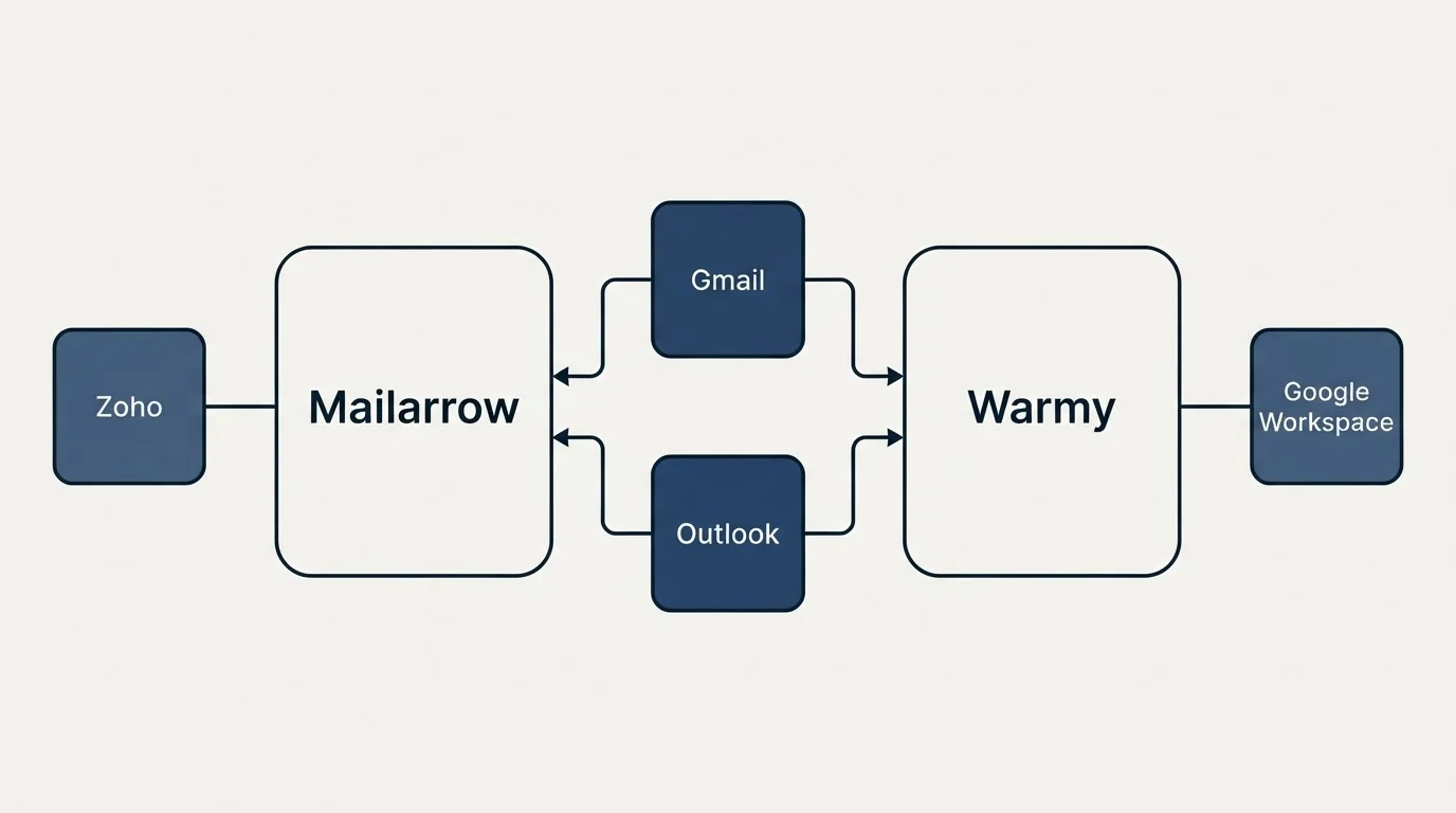 Integration schematic: Integration Ecosystem (Mailarrow, Warmy, Gmail, Outlook)