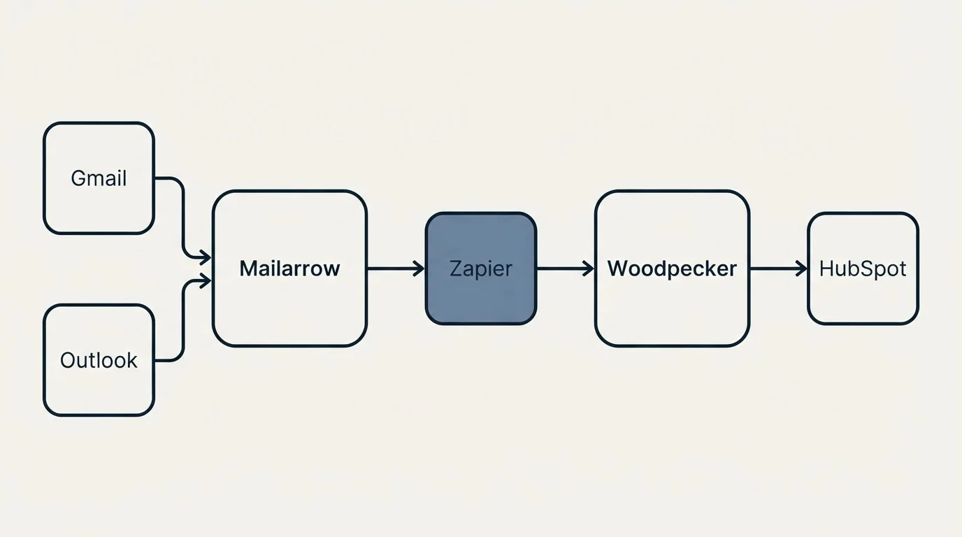 Integration schematic: Integration Ecosystem (Mailarrow, Woodpecker, Zapier, Gmail)