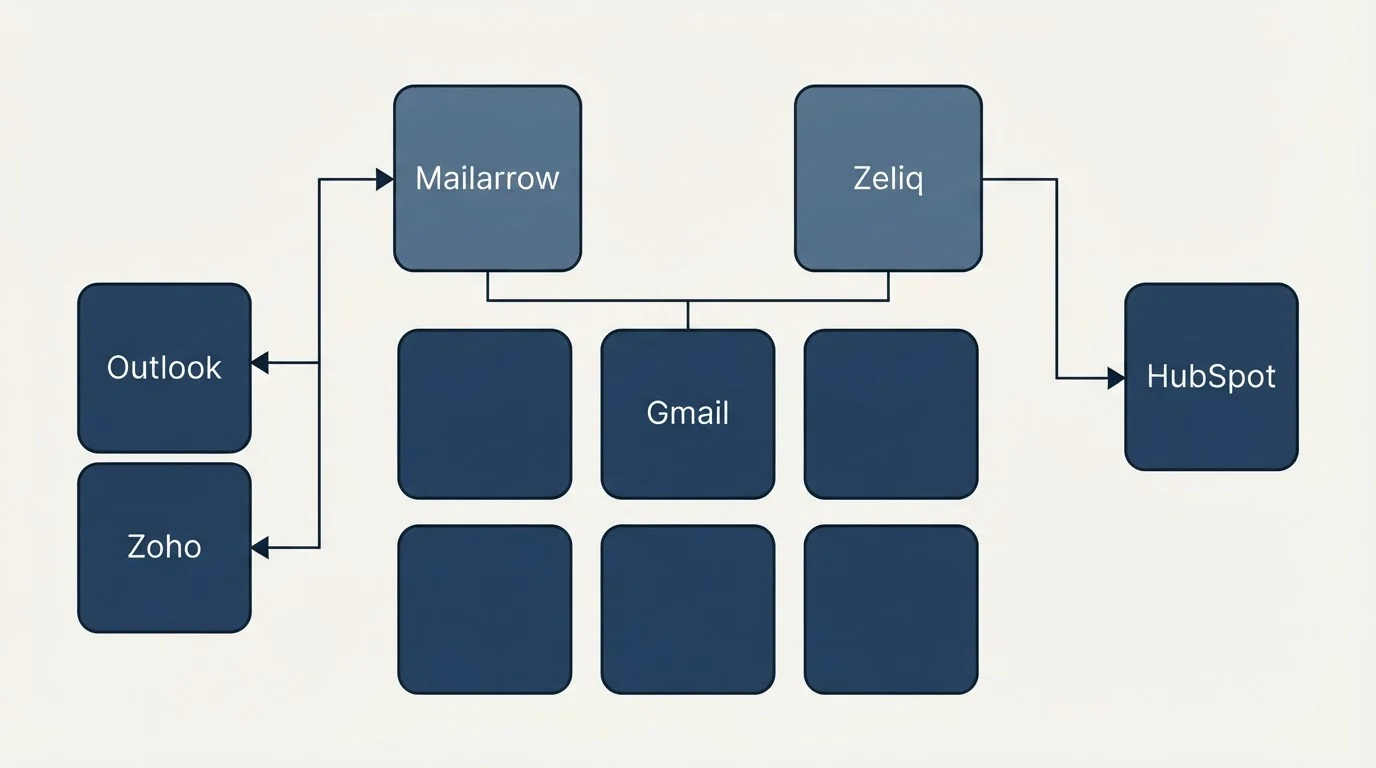 Integration grid: Integration Ecosystem (Mailarrow, Zeliq, Gmail, Outlook)
