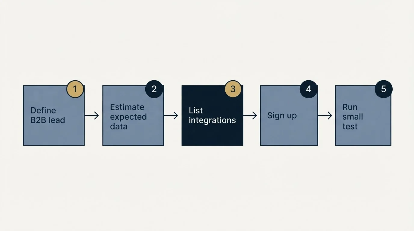 Step sequence: Getting Started Checklist (Define B2B lead, Estimate expected data, List integrations, Sign up)