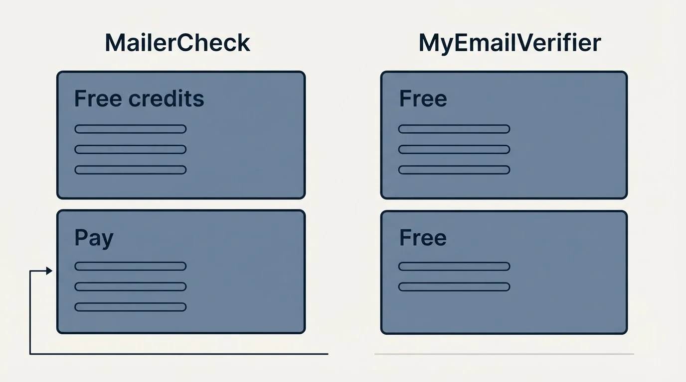 Pricing panels: Pricing Comparison (MailerCheck, MyEmailVerifier, Free credits, Free)