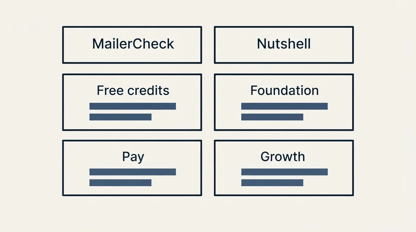 Pricing table: Pricing Comparison (MailerCheck, Nutshell, Free credits, Foundation)