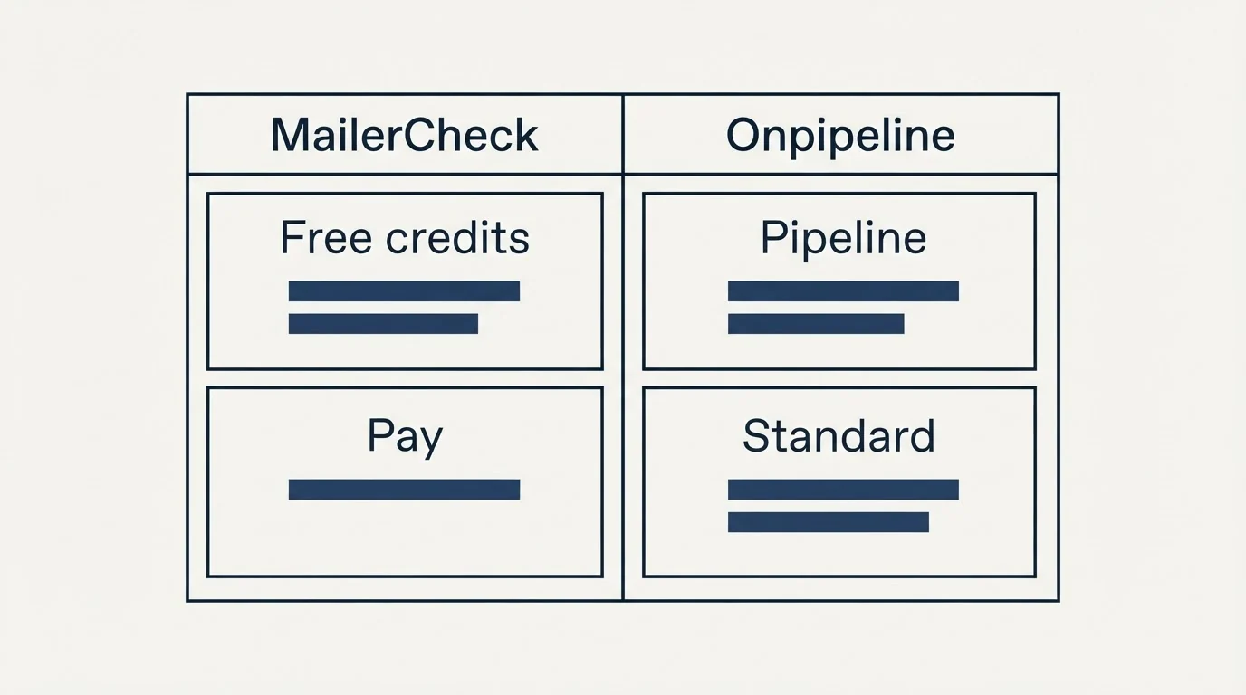 Pricing table: Pricing Comparison (MailerCheck, Onpipeline, Free credits, Pipeline)