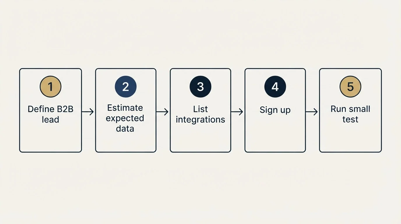 Step sequence: Getting Started Checklist (Define B2B lead, Estimate expected data, List integrations, Sign up)