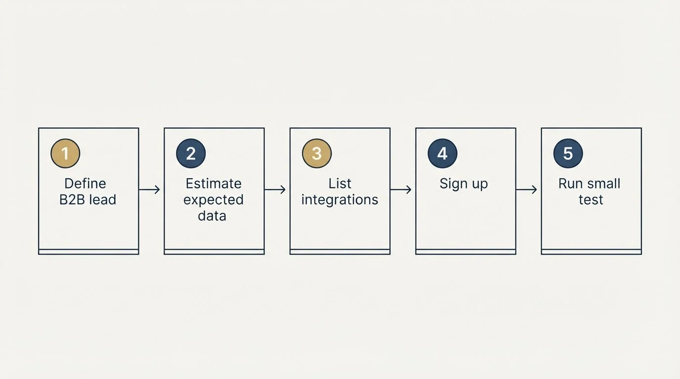 Step sequence: Getting Started Checklist (Define B2B lead, Estimate expected data, List integrations, Sign up)