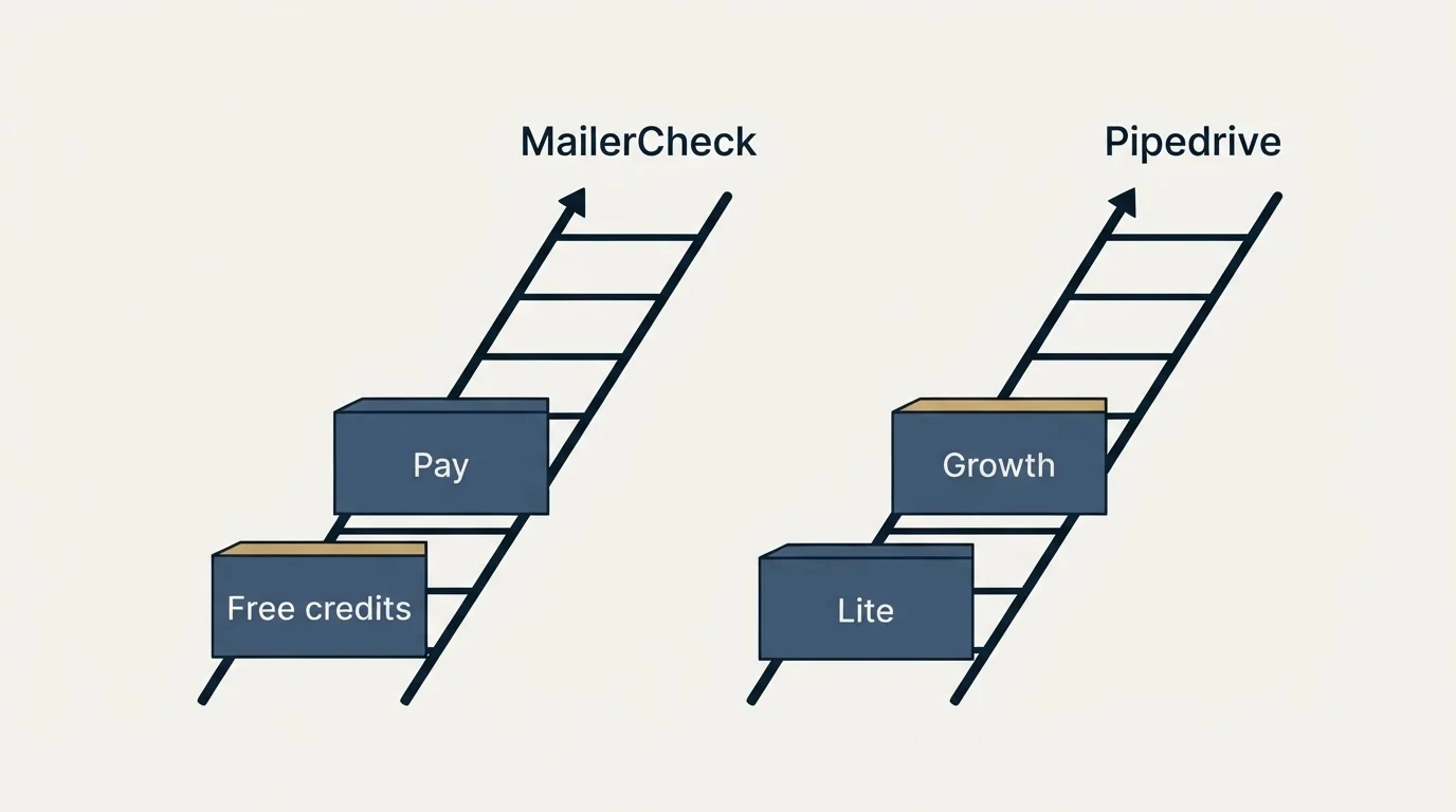 Pricing ladder: Pricing Comparison (MailerCheck, Pipedrive, Free credits, Lite)