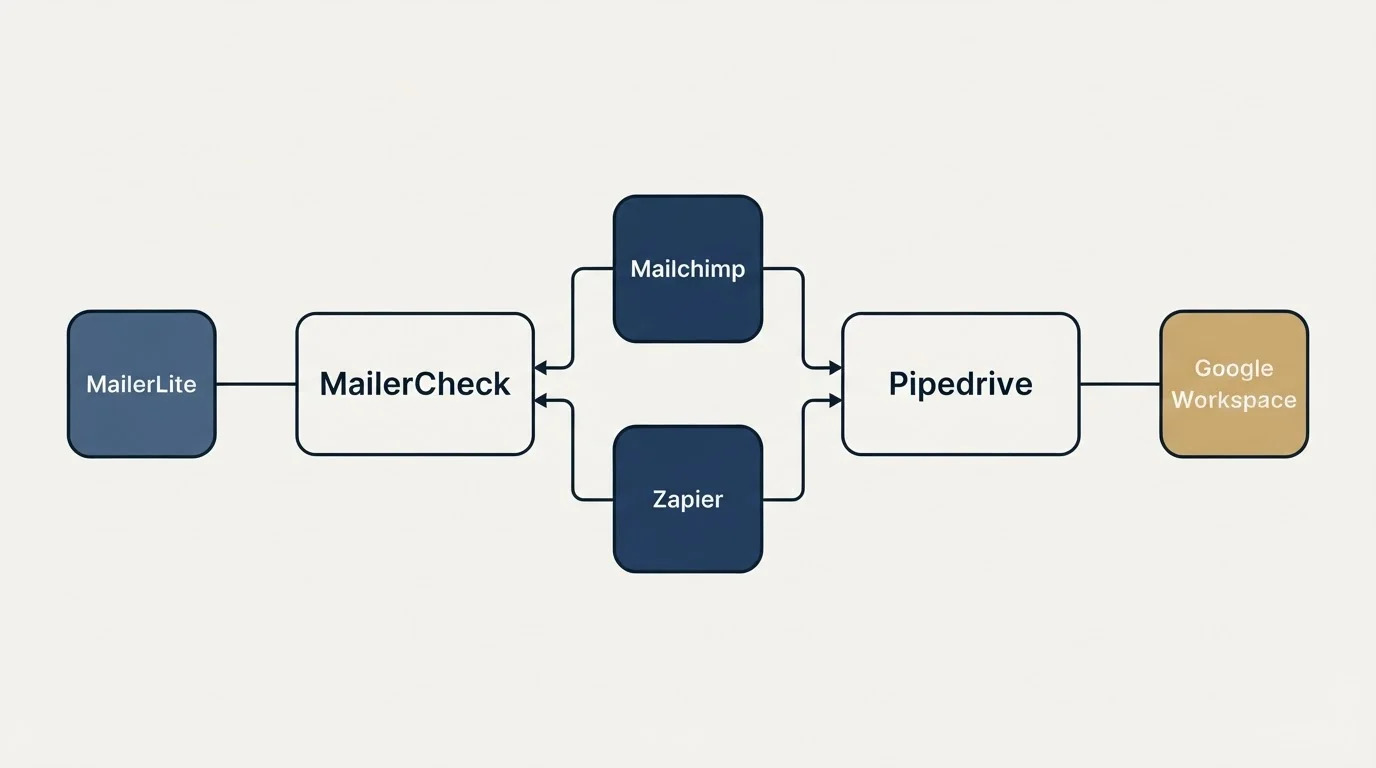 Integration flow: Integration Ecosystem (MailerCheck, Pipedrive, Mailchimp, Zapier)