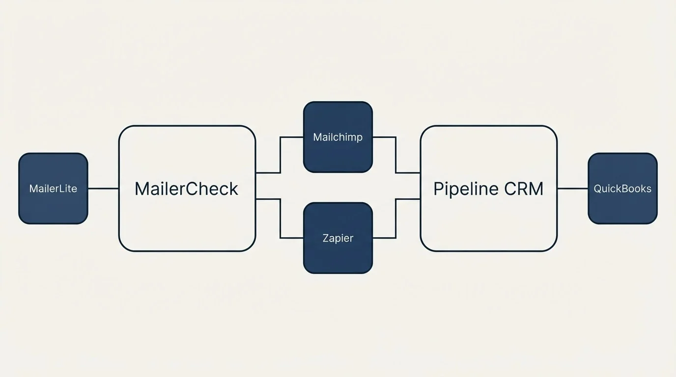 Integration flow: Integration Ecosystem (MailerCheck, Pipeline CRM, Mailchimp, Zapier)