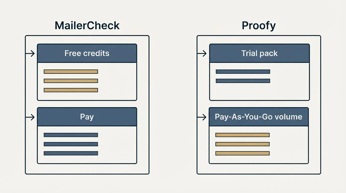 Pricing panels: Pricing Comparison (MailerCheck, Proofy, Free credits, Trial pack)