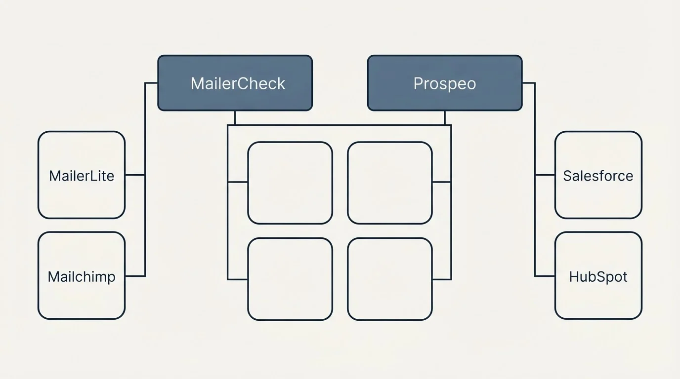 Integration grid: Integration Ecosystem (MailerCheck, Prospeo, MailerLite, Salesforce)