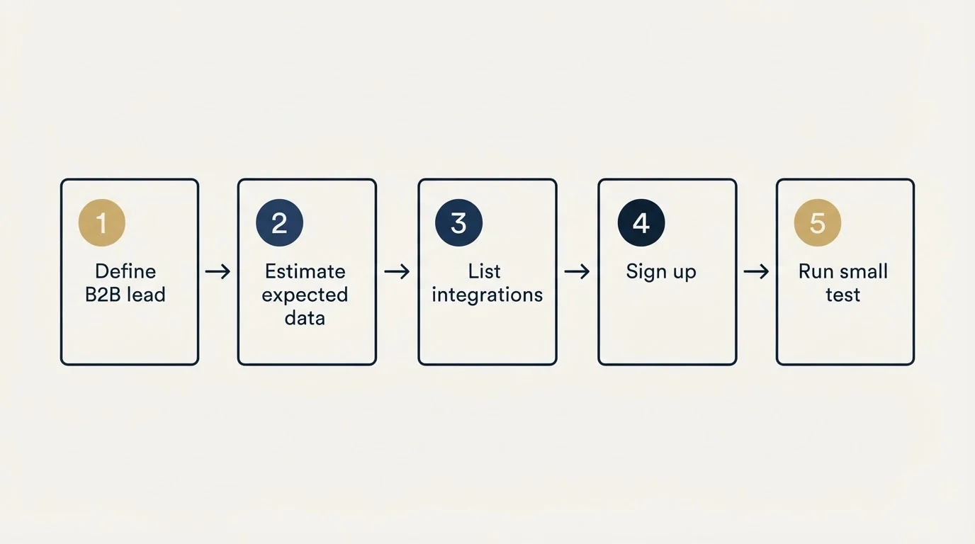 Step sequence: Getting Started Checklist (Define B2B lead, Estimate expected data, List integrations, Sign up)