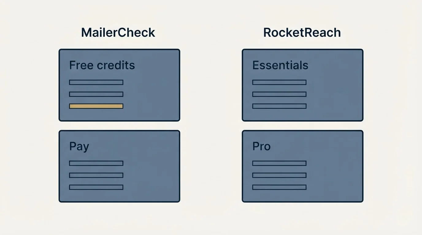 Pricing panels: Pricing Comparison (MailerCheck, RocketReach, Free credits, Essentials)
