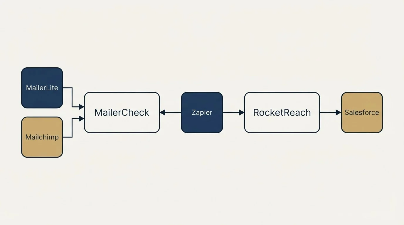 Integration flow: Integration Ecosystem (MailerCheck, RocketReach, Zapier, MailerLite)