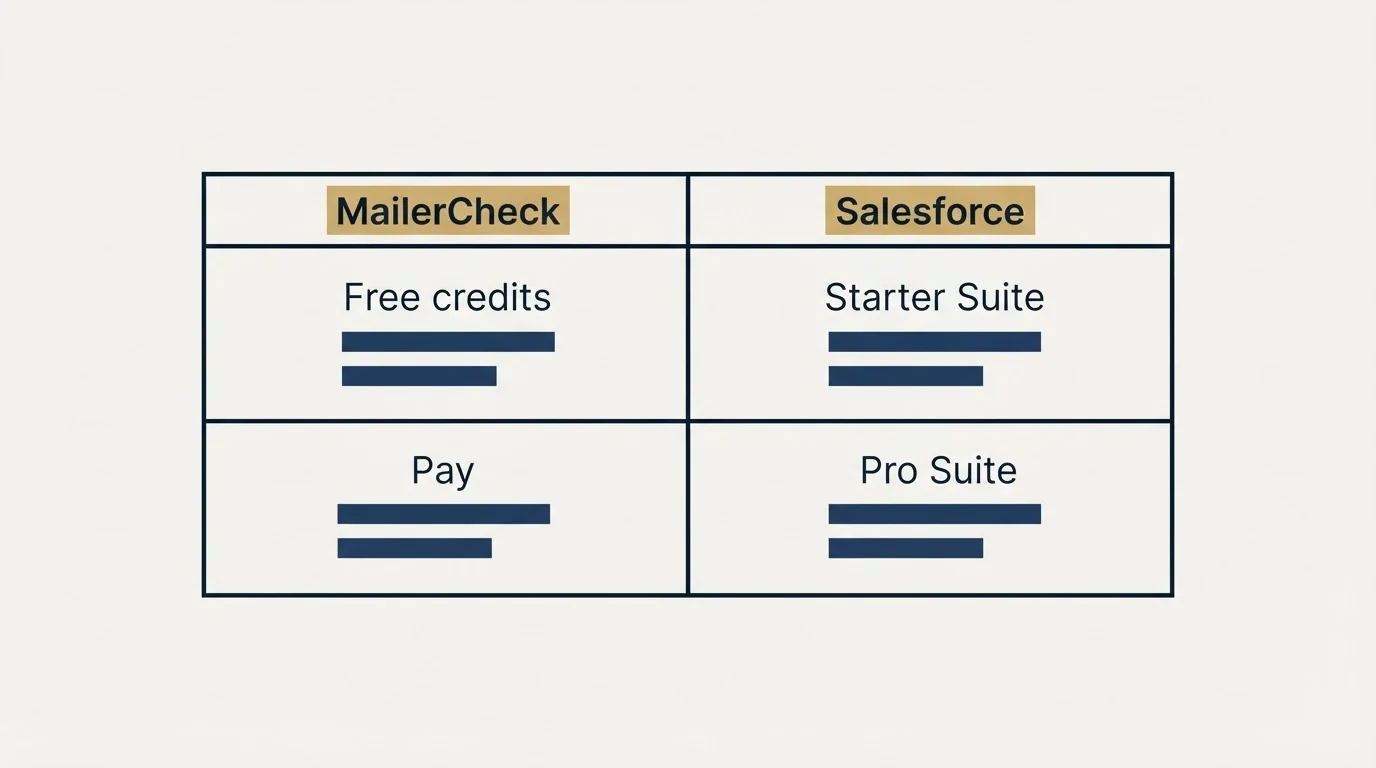 Pricing table: Pricing Comparison (MailerCheck, Salesforce, Free credits, Starter Suite)