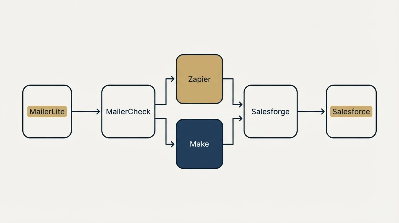Integration flow: Integration Ecosystem (MailerCheck, Salesforge, Zapier, Make)