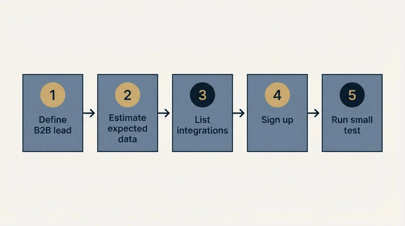 Step sequence: Getting Started Checklist (Define B2B lead, Estimate expected data, List integrations, Sign up)