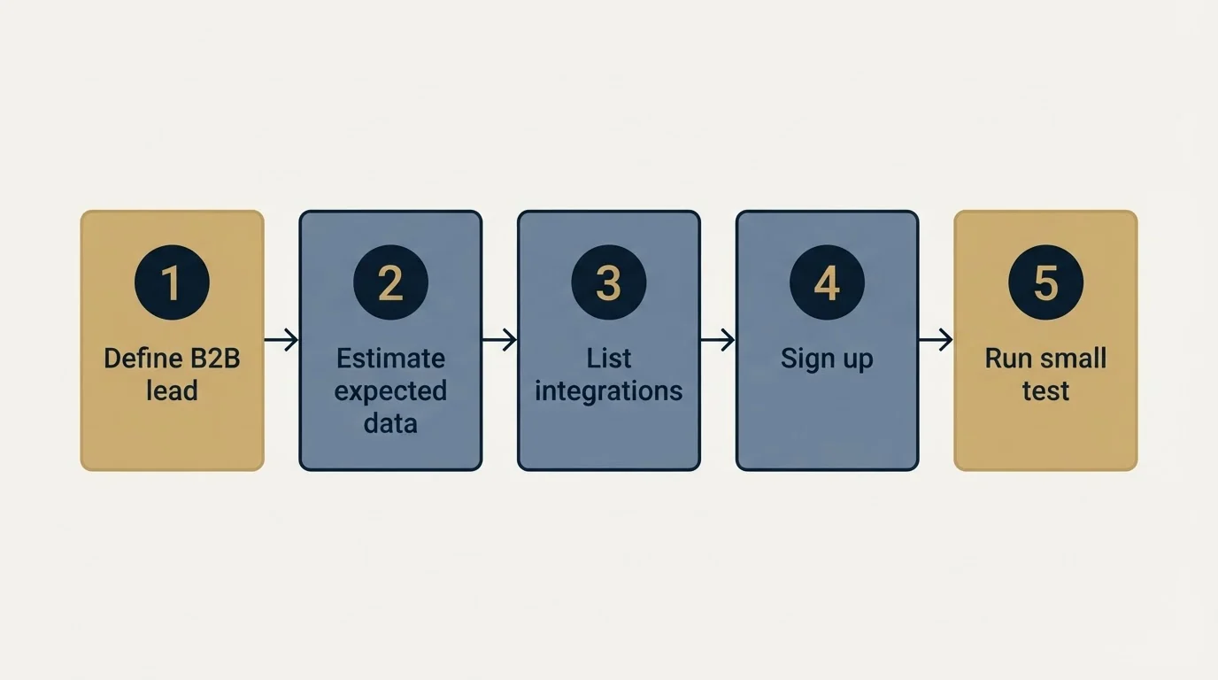 Step sequence: Getting Started Checklist (Define B2B lead, Estimate expected data, List integrations, Sign up)