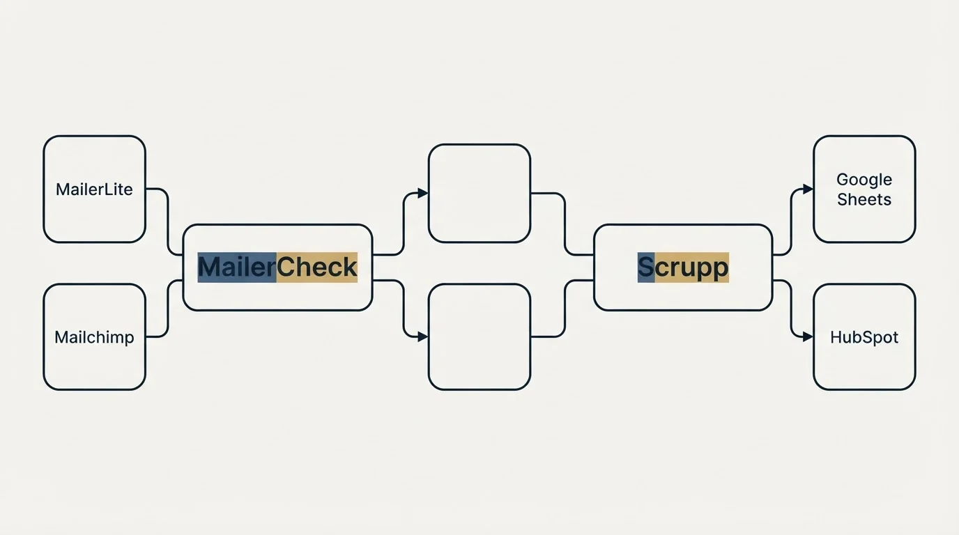 Integration schematic: Integration Ecosystem (MailerCheck, Scrupp, MailerLite, Google Sheets)