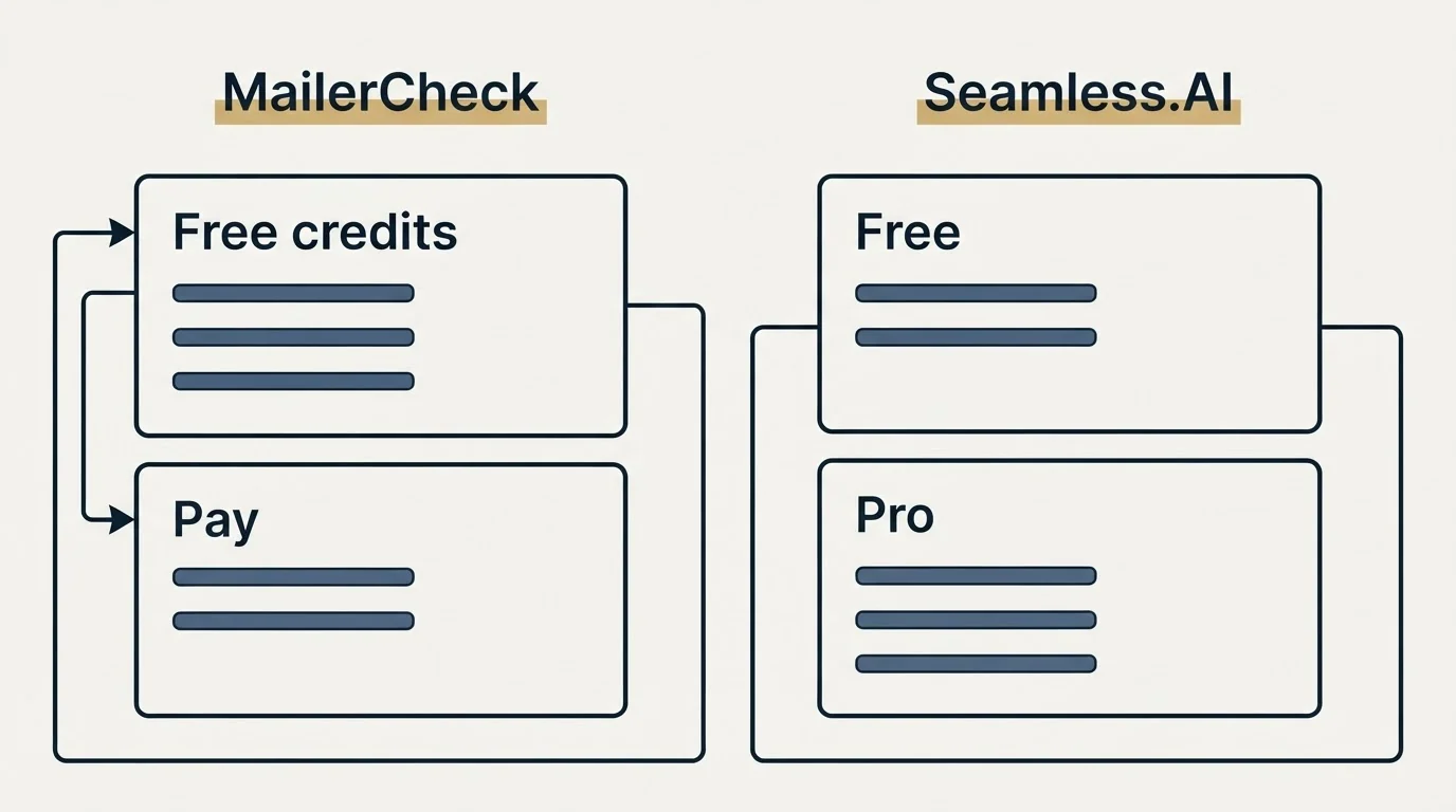 Pricing panels: Pricing Comparison (MailerCheck, Seamless.AI, Free credits, Free)