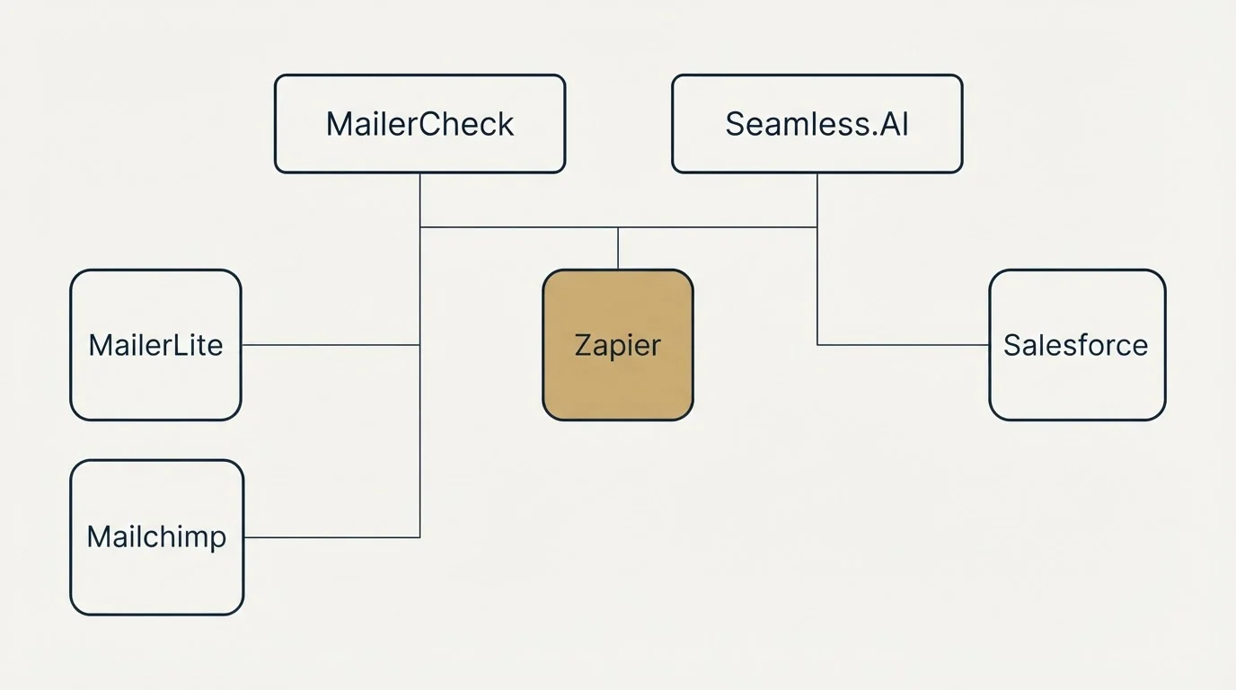 Integration grid: Integration Ecosystem (MailerCheck, Seamless.AI, Zapier, MailerLite)