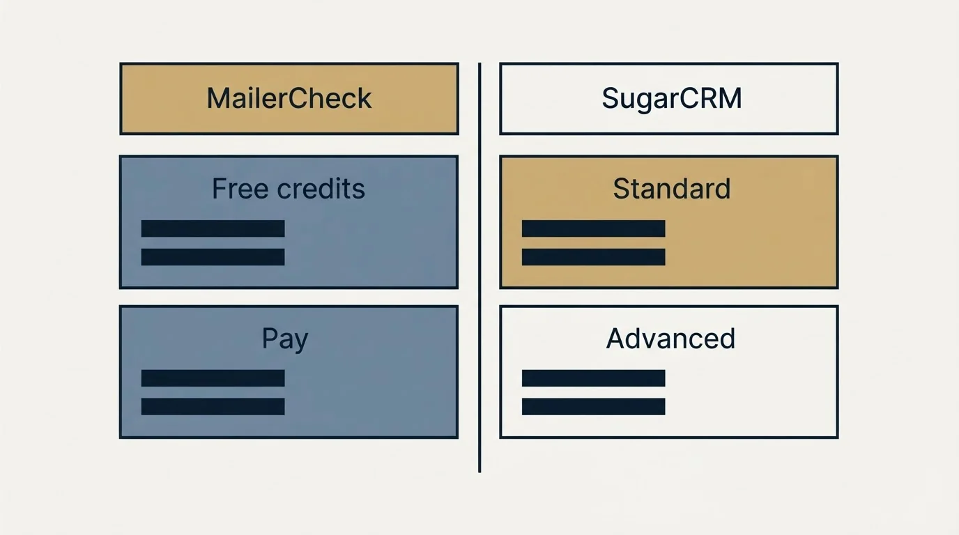 Pricing table: Pricing Comparison (MailerCheck, SugarCRM, Free credits, Standard)