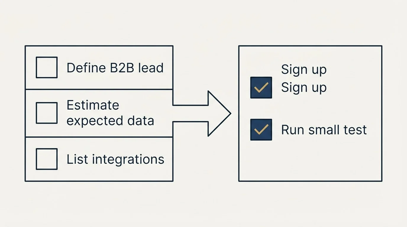Before-and-after steps: Getting Started Checklist (Define B2B lead, Estimate expected data, List integrations, Sign up)