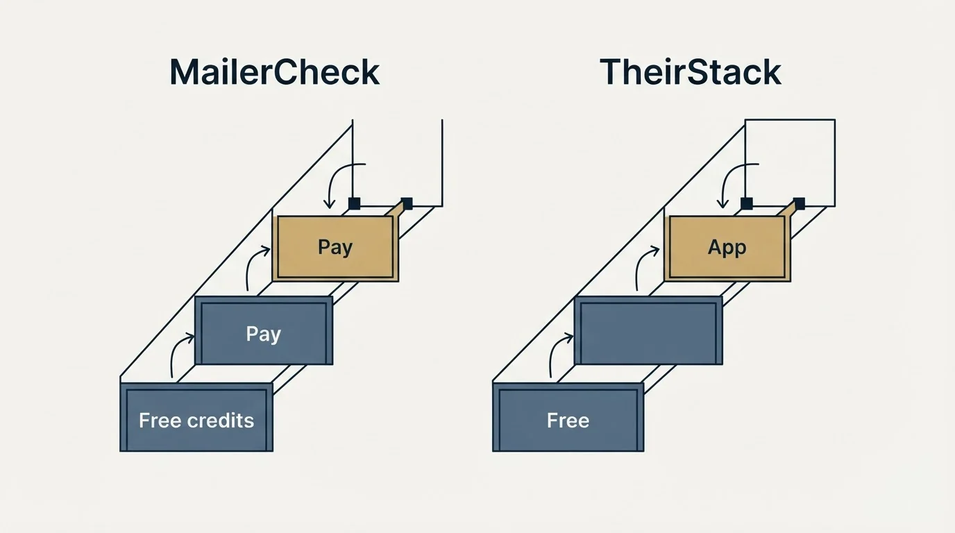 Pricing ladder: Pricing Comparison (MailerCheck, TheirStack, Free credits, Free)
