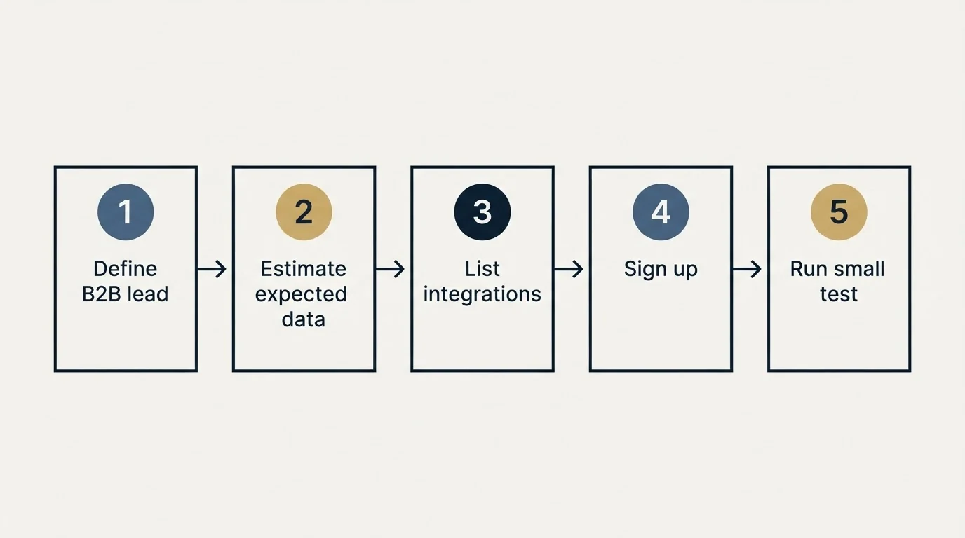 Step sequence: Getting Started Checklist (Define B2B lead, Estimate expected data, List integrations, Sign up)